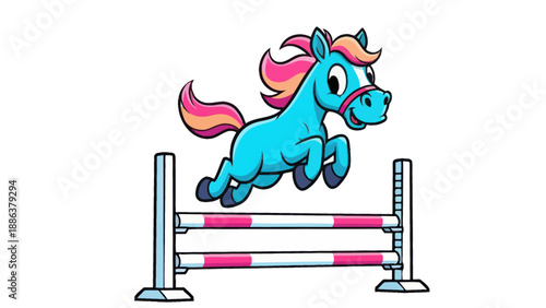 Cute Cartoon Blue Horse Jumping Over Obstacle - Vector Illustration