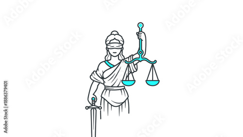 Lady Justice Holding Scales and Sword, Symbol of Law and Justice on White Background