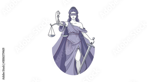 Lady Justice holding scales and sword, symbol of law and order, abstract illustration