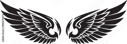 Black and white illustration of spread eagle wings on white background