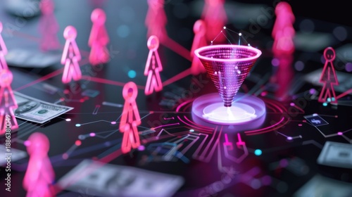 Abstract Digital Network with Data Visualization and Funnel Graphic Illustrating Social Connections and Financial Elements