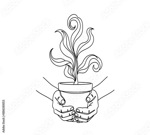 Hands gently cradling a potted plant a delicate botanical illustration in black and white