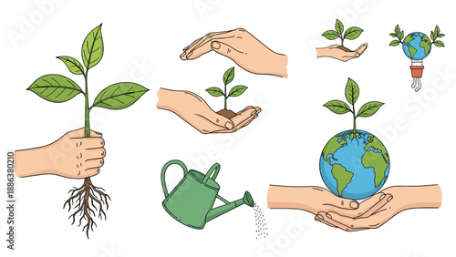 Collection of environmental icons showing hands protecting growing plants, a watering can, and a green plant sprouting from a globe.