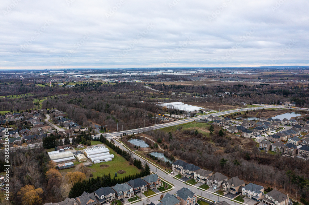 Fototapeta premium Sprawling residential neighborhood featuring modern houses, a network of roads, and green spaces, bordered by natural treed areas and distant urban infrastructure under an overcast sky