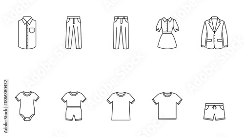 Collection of simple clothing icons for children and adults.