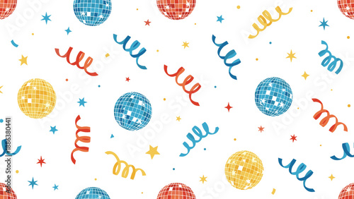 Energetic party pattern featuring colorful disco balls, curly confetti ribbons, and various stars floating on a crisp white background.