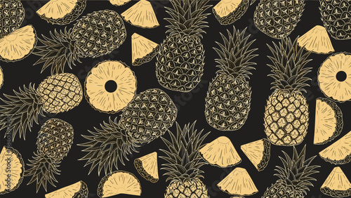 Ornate gold line art pattern featuring whole pineapples and sliced pieces scattered across a solid black background for a luxury feel.