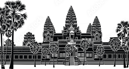Black and White Silhouette Vector Illustration of Angkor Wat Temple in Cambodia Featuring Traditional Khmer Architecture and Palm Trees for Travel and Culture Design Projects