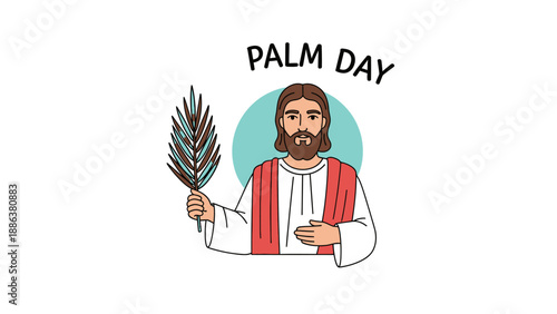 Jesus Christ holding palm leaf illustration.