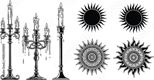 Vintage Gothic Illustration Set Featuring Melting Wax Candelabras and Decorative Celestial Sun Symbols for Mystical Occult Design Projects, Tattoo Art, and Dark Aesthetic Backgrounds
