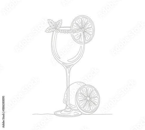 A detailed sketch of a cocktail glass garnished with citrus and fresh mint leaves