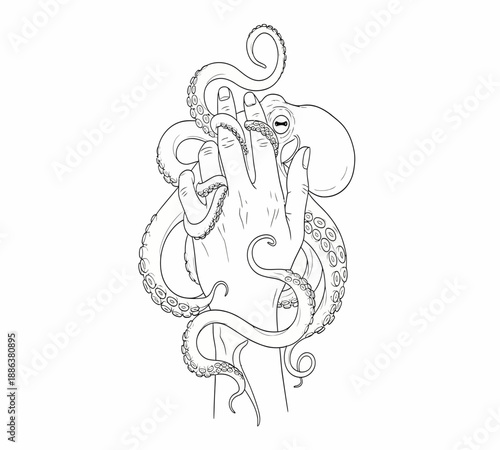 An octopus s tentacles delicately intertwine around a human hand in a detailed sketch