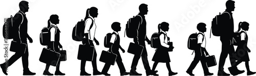 Black Silhouette Illustration of Diverse Students and Teachers Carrying Backpacks and Briefcases Walking in a Line Against a Clean White Background for Education Design