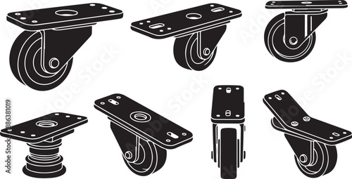 Set of black caster wheels on white background illustration