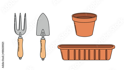 Essential gardening tools set featuring a hand fork, a trowel, a terracotta flower pot, and a rectangular planting tray in simple colors.