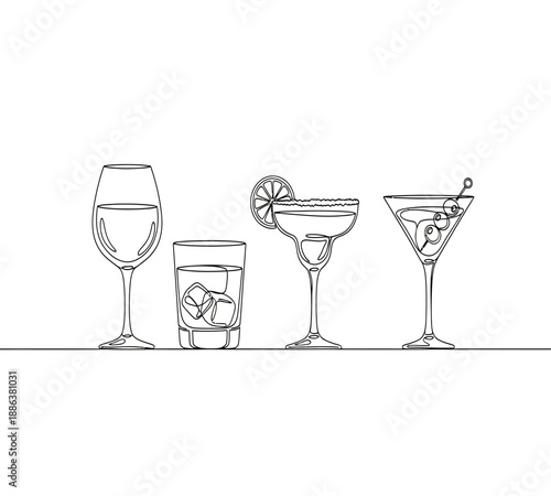 Line art depiction of various cocktail glasses including martini wine and old fashioned