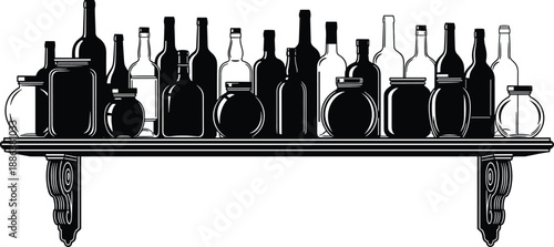 Black and White Vector Illustration of Assorted Glass Bottles and Jars Arranged on a Classic Wooden Wall Shelf with Decorative Brackets Silhouette Clip-Art