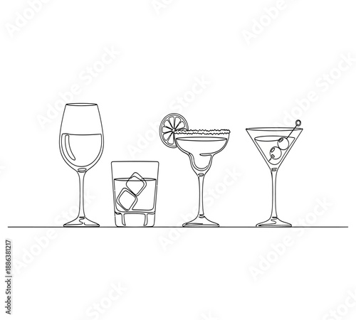 A collection of sketched cocktail glasses featuring various drink styles and shapes