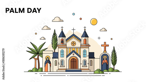 Illustration of a Church Building with Crosses.