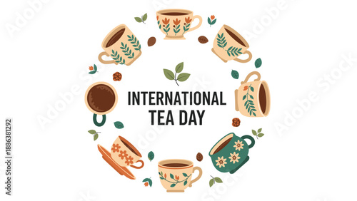International Tea Day circular wreath design composed of various patterned tea cups and scattered tea leaves for a cozy celebration.