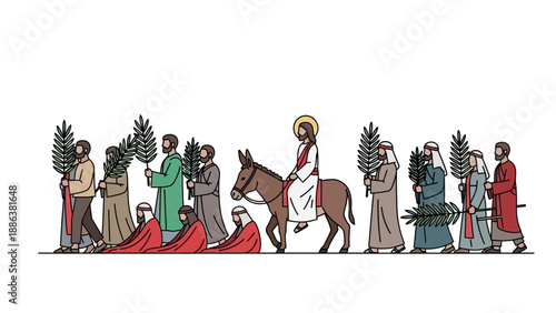 Jesus riding donkey surrounded by people.