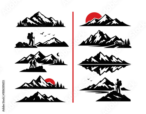 Bold silhouette mountain and adventure emblem set featuring peaks, trekkers, and nature elements for outdoor travel and branding