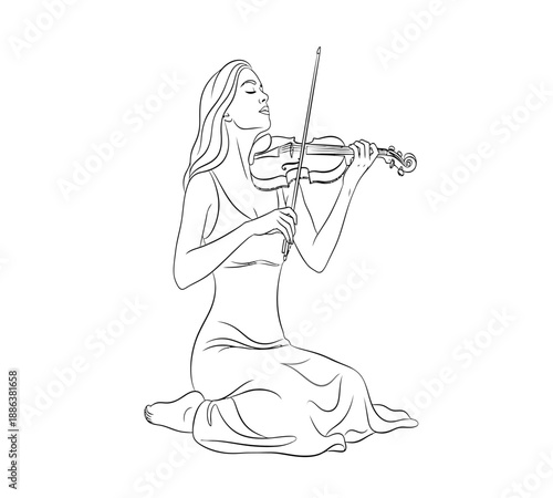 A beautiful line drawing depicts a woman gracefully playing the violin with focused expression