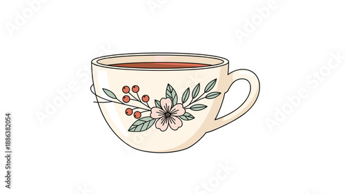 Ceramic teacup features a delicate hand-drawn floral design with a pink flower and red berries on a clean white background.