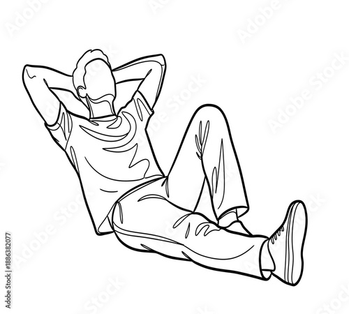 Line art illustration of a man reclining with hands behind his head relaxing