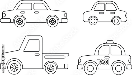 Car coloring book page for kids, outline transport set, simple vehicle line art, taxi truck vector