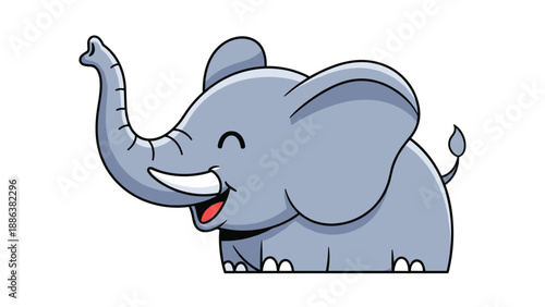 Adorable gray elephant character stands with its trunk raised high and a happy smile in this charming cartoon illustration.