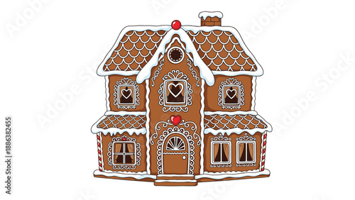 Delightful and detailed gingerbread house features intricate white icing patterns and red heart decorations for the holidays.