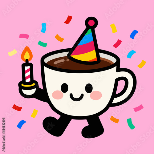 illustration of cup of tea wearing birthday hat with candles