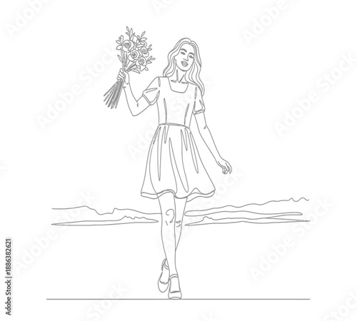 A graceful woman walking with a bouquet of flowers in a simple line art style