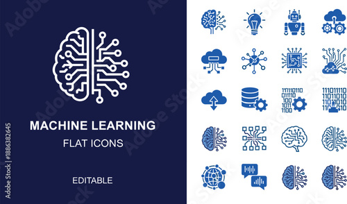 Machine learning flat icon set with AI brain, neural network, data cloud, robotics, microchip and algorithm symbols for artificial intelligence technology and analytics design.
