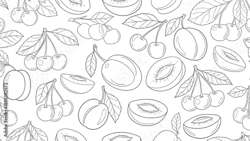 Detailed botanical pattern features black and white line art of plums and cherries with leaves in a repeating seamless layout.
