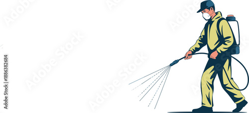 Professional pest control worker spraying pesticide, exterminator wearing mask and protective suit, chemical disinfection service vector