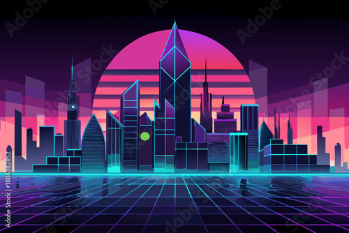 Futuristic cityscape with neon lights and grid floor at sunset 1