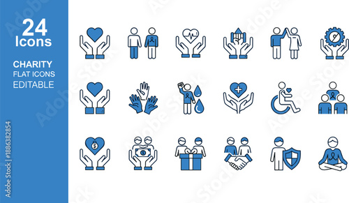 Charity flat icon set with hands holding heart, donation, volunteer support, healthcare help, disability care, partnership and community welfare symbols for nonprofit design.