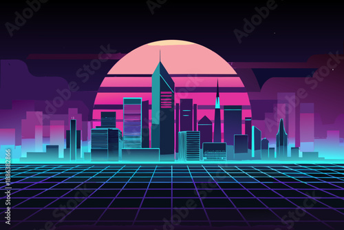Futuristic cityscape with neon grid and pink sunset