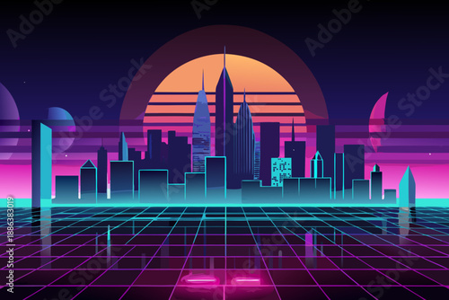 Futuristic cityscape with neon lights and grid floor at sunset retrofuturism