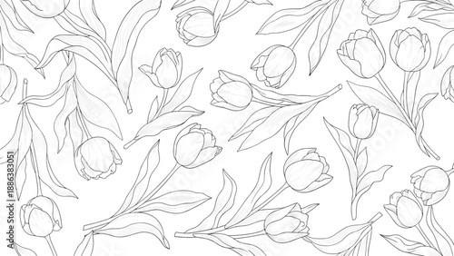 Intricate black and white line art pattern creates a dense field of blooming tulips and leaves for a sophisticated floral design.
