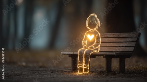 Empowerment in solitude: A glowing heart illuminates a girl on a forest bench, sparking change and mindfulness within a serene natural backdrop.