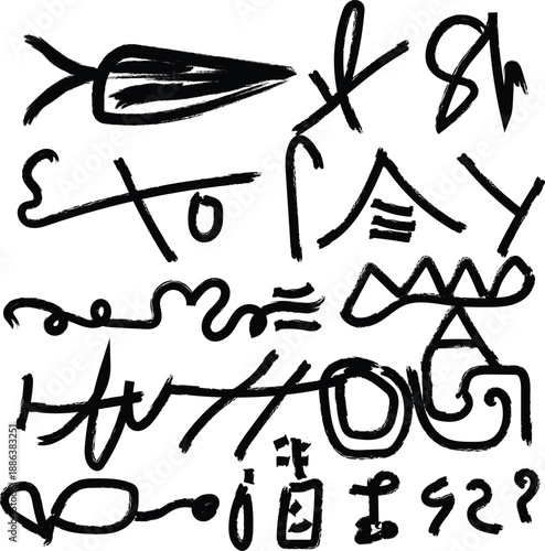 Collection of abstract symbols and scribbles on a white background