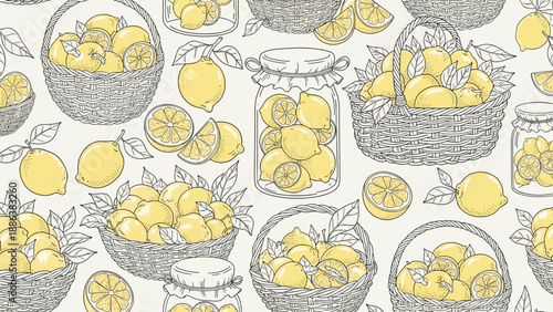 Charming black and white pattern displays lemons in wicker baskets and glass jars with leaves and fruit slices on a light background.