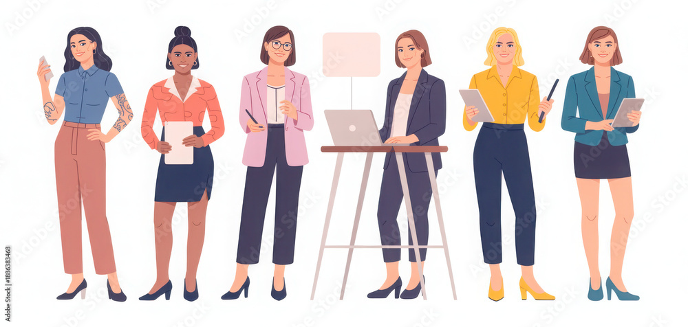 Obraz premium Flat minimalist illustration of diverse professional women standing, wearing modern business outfits and holding documents, laptop, phone, tablet. Vector iolated on transparent background