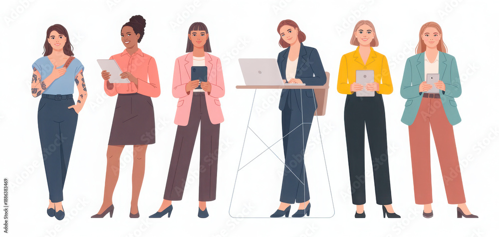 Obraz premium Flat minimalist illustration of diverse professional women standing, wearing modern business outfits and holding documents, laptop, phone, tablet. Vector iolated on transparent background