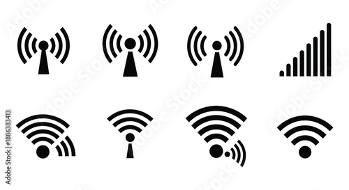 A collection of various black and white wifi signal strength icons displayed