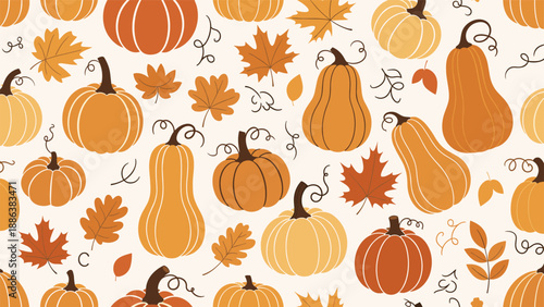 Vibrant autumn pattern consists of various orange and yellow pumpkins mixed with fallen maple and oak leaves on a light base.