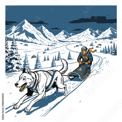 Vintage illustration of dog sled racing in snowy mountains. Musher and husky in retro winter landscape print design.